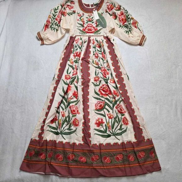 New XXS Farm Rio x Anthropologie puff-sleeve printed midi dress - Picture 3 of 11